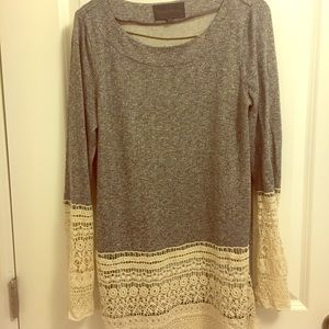 Light weight grey sweater with cream lace.